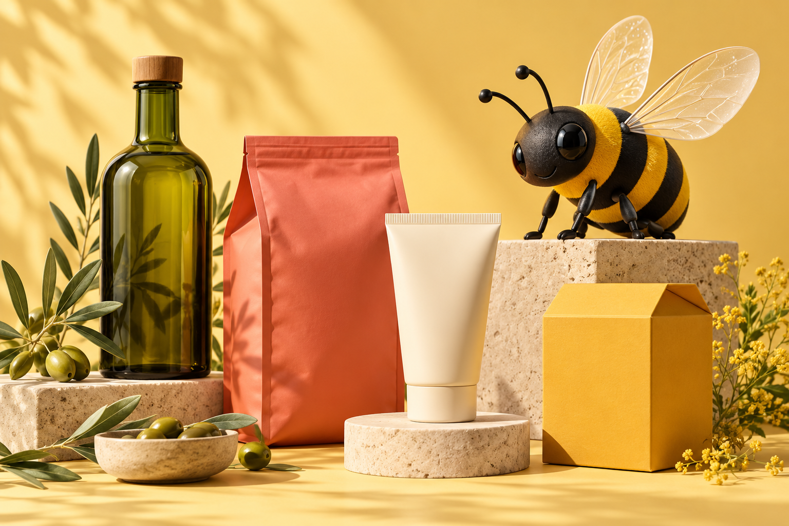 A friendly bee alongside wholesale product packaging in warm honey yellow